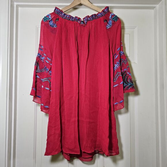 Vintage Collection Women's Red Chiffon Top Tunic Blue Floral Embroidery Beaded L - Picture 6 of 12